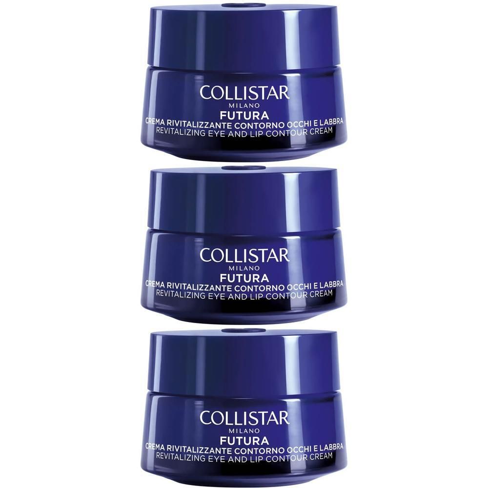 Trois pots de crème contour des yeux et lèvres revitalisante Collistar Futura.
