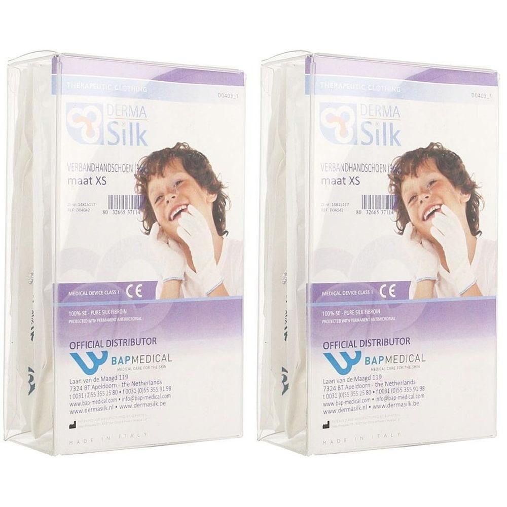 Deux paquets de gants de pansement DermaSilk, taille XS.