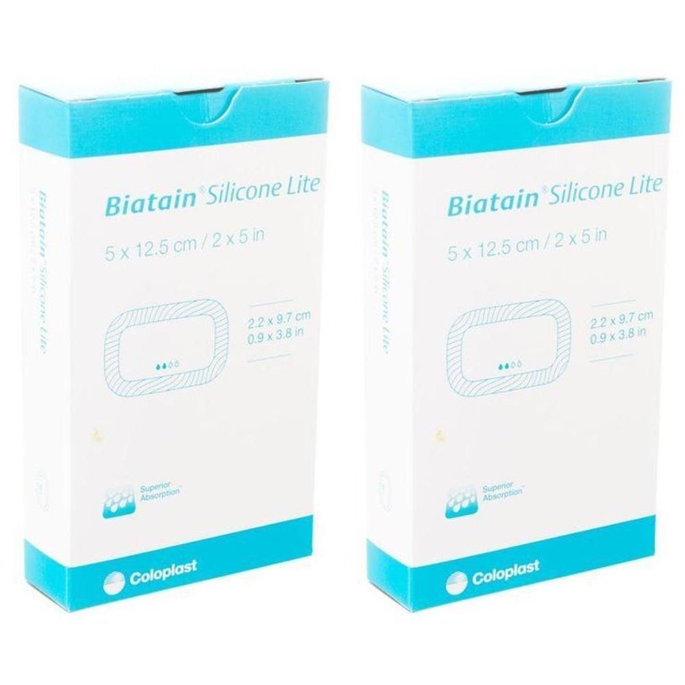 Twee verpakkingen Biatain Silicone Lite wondverbanden, 5x12,5 cm. Coloplast.