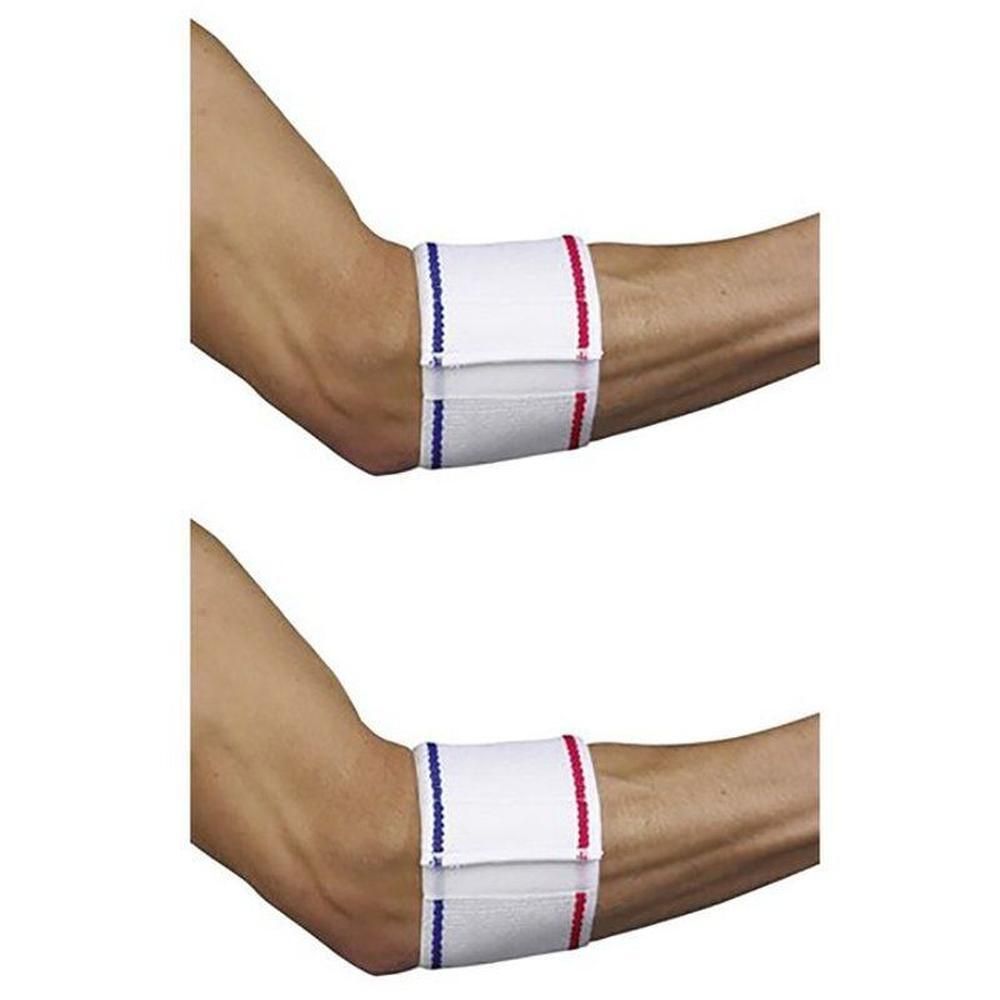 Deux genouillères blanches avec des rayures bleues et rouges, portées sur des bras humains.