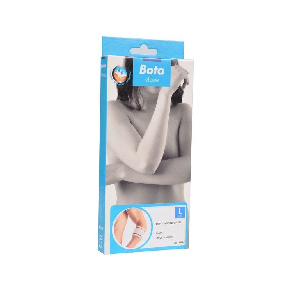 Verpakking van een witte elleboogband met blauwe en rode strepen, maat L.