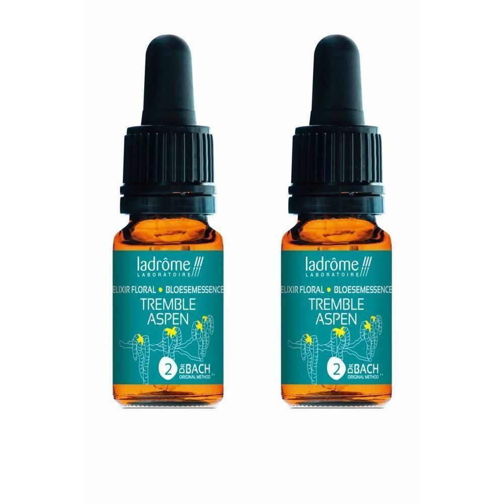 Deux petites bouteilles en verre brun avec compte-gouttes. Étiquettes indiquant "Ladrôme Laboratoire" et "Tremble Aspen".
