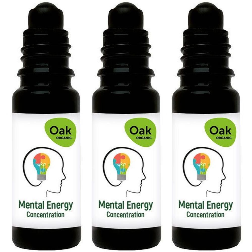 Trois flacons noirs avec étiquettes Oak Organic Mental Energy et symboles de cerveau.