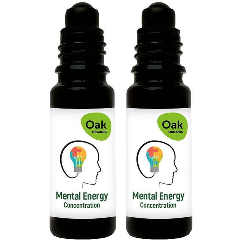 Deux flacons noirs Oak Organic Mental Energy avec logo tête et ampoule.
