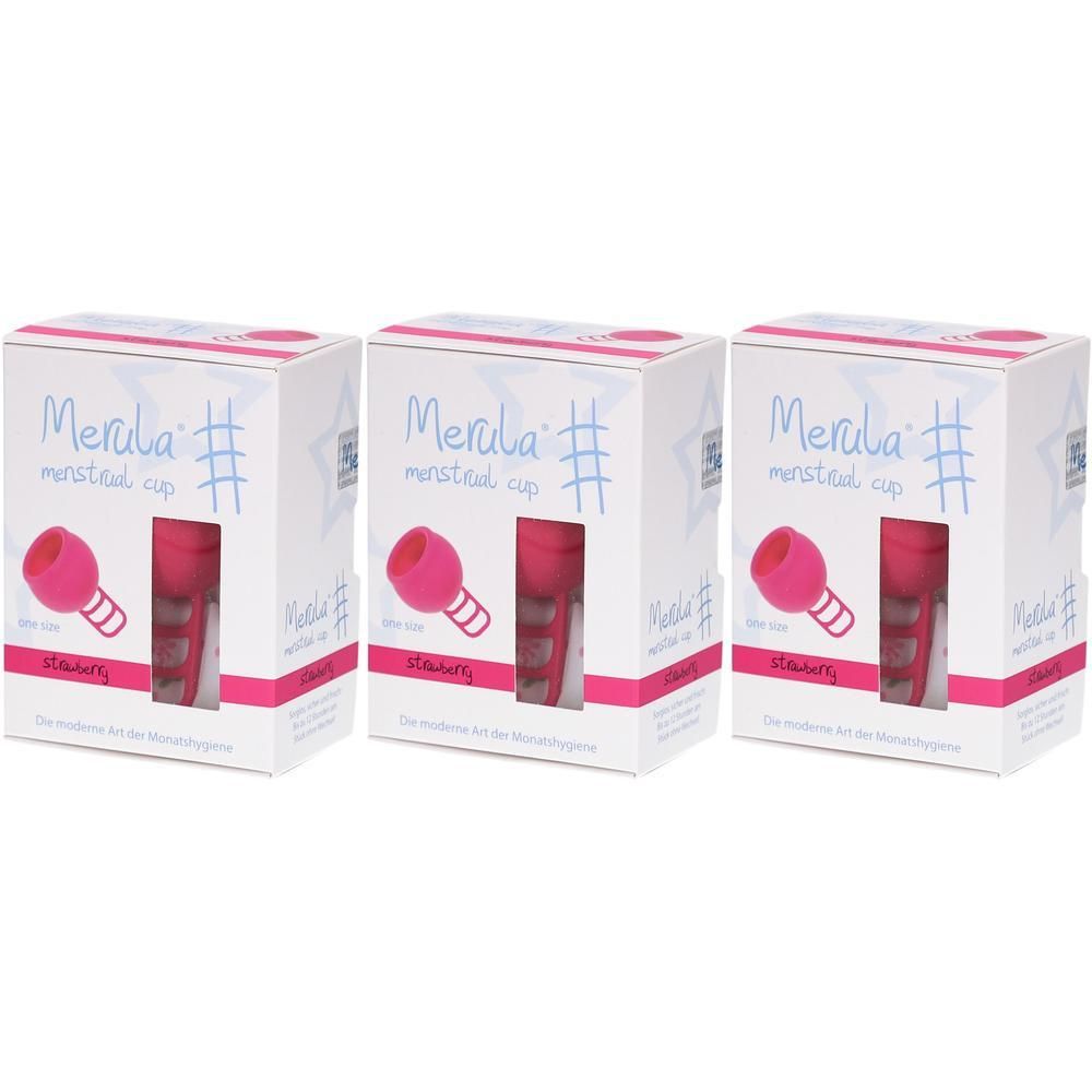 Drie verpakkingen Merula menstruatiecup in framboosroze. Elke verpakking toont een cup met steel.