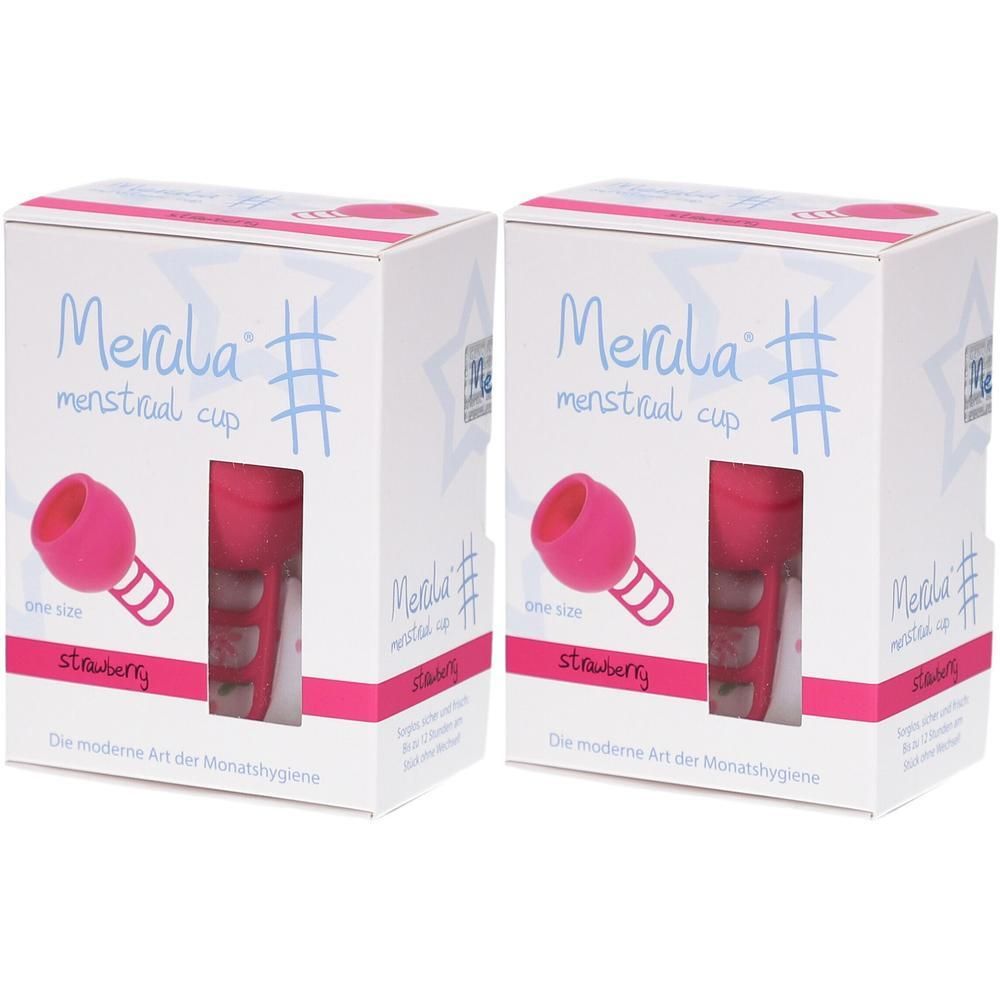Twee verpakkingen Merula menstruatiecup in framboosroze. De verpakking toont een afbeelding van de cup en de merknaam.
