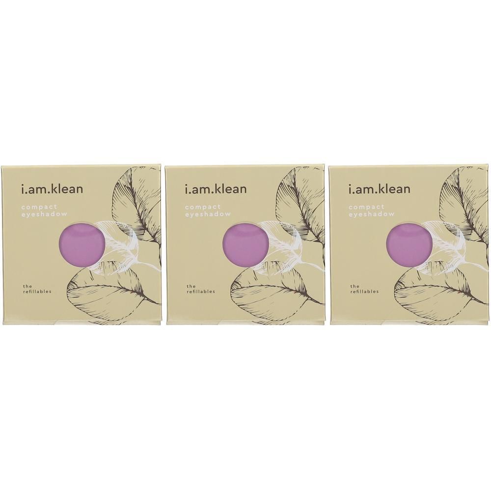 Drie i.am.klean Compact Eyeshadows "Meadow" in kartonnen verpakkingen met bladerenmotief.
