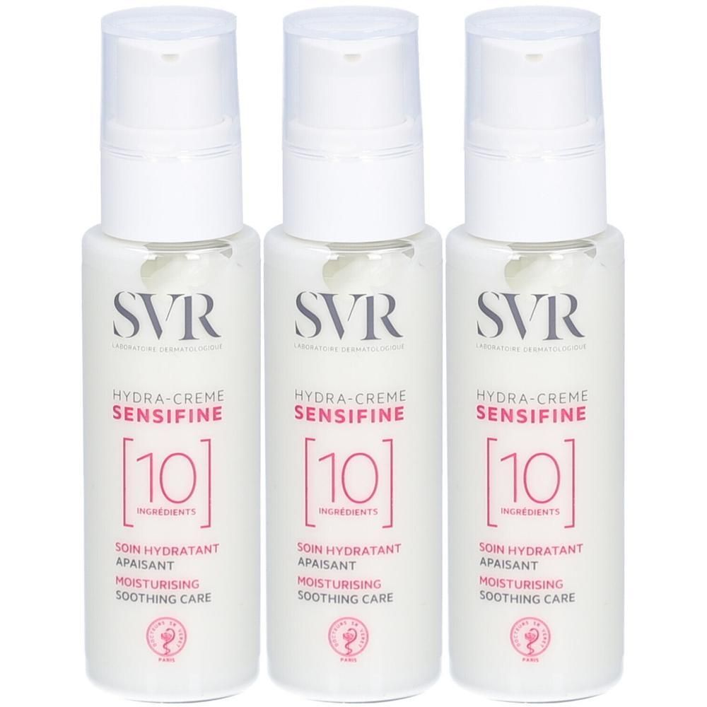 Trois flacons SVR Hydra-Crème Sensifine avec pompes. Contient 10 ingrédients.