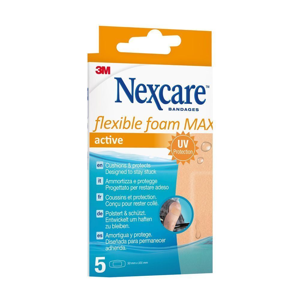 Verpakking Nexcare Flexible Foam Maxi, 5 stuks, met UV-bescherming opdruk.