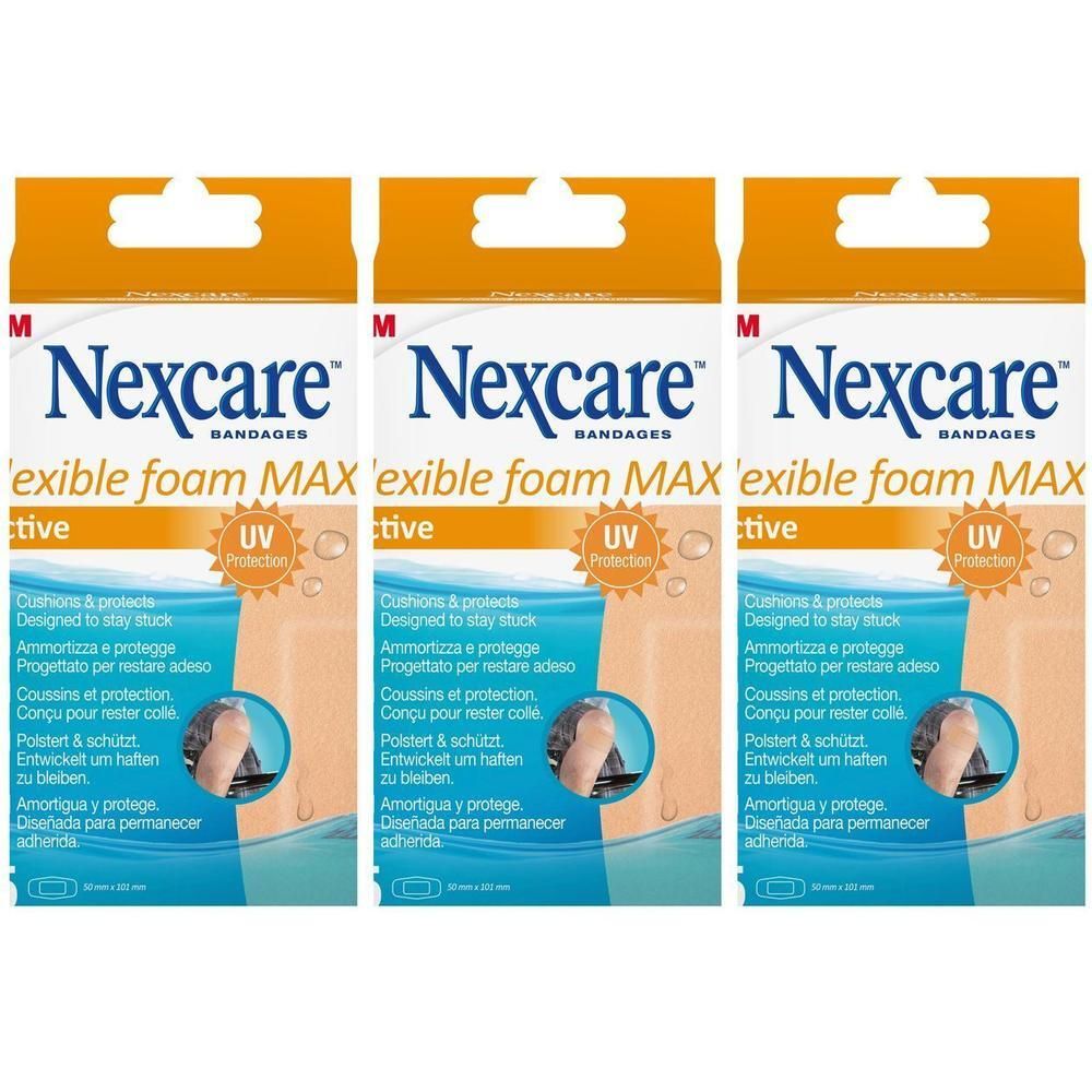 Drie verpakkingen Nexcare Flexible Foam Maxi pleisters.