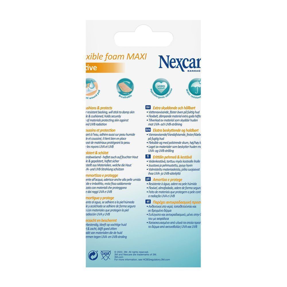 Arrière d'un paquet de pansements Nexcare Flexible Foam Maxi.
