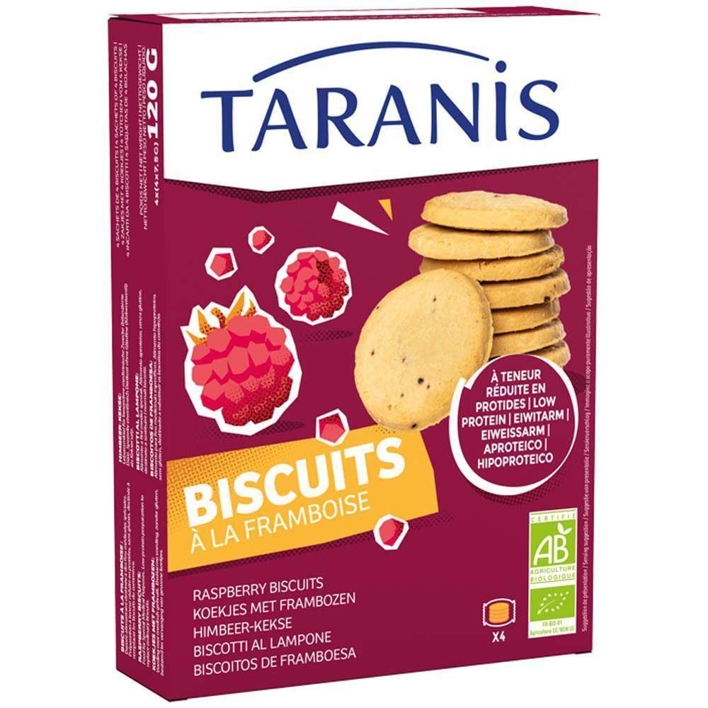 Taranis Frambozenkoekjes, 120g verpakking met afbeelding van koekjes en frambozen.