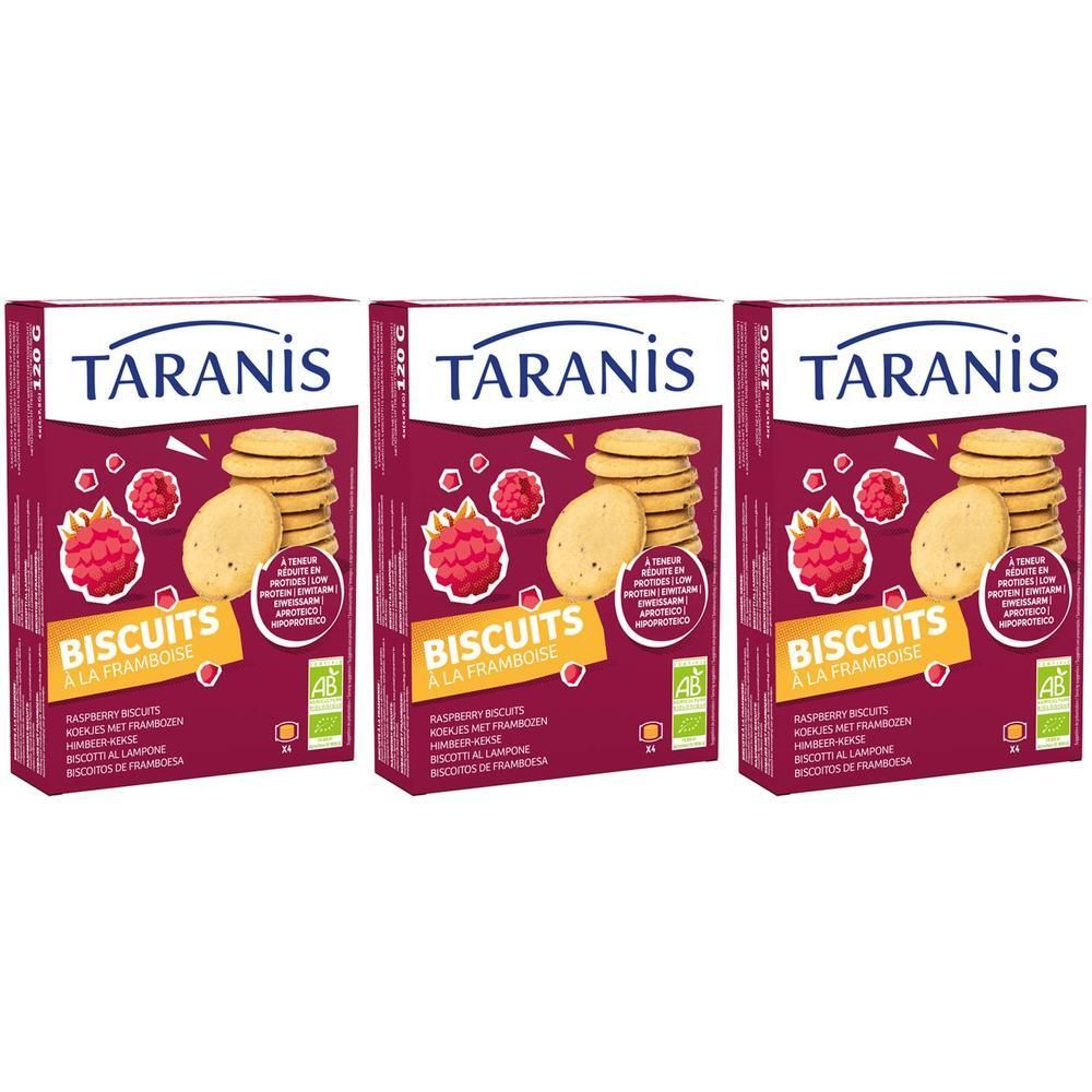 Drie pakken Taranis Frambozenbiscuits. Elk pak toont koekjes en frambozen.