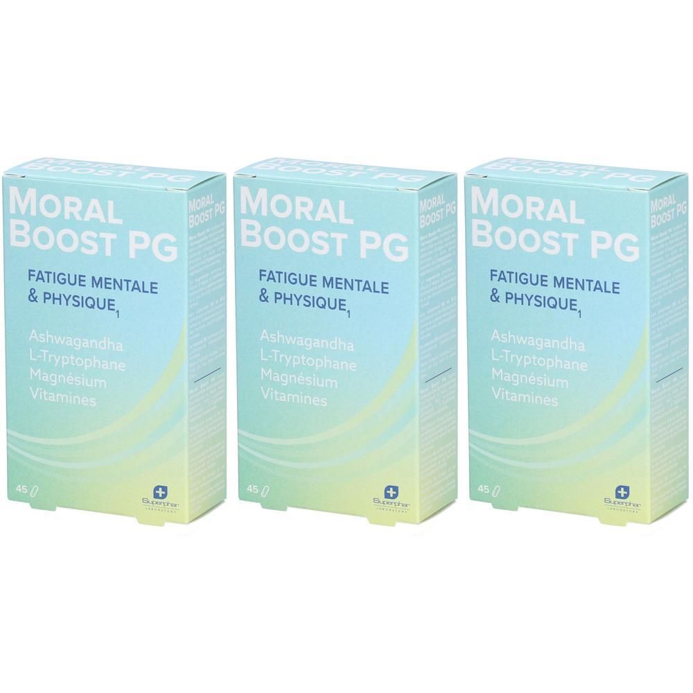 Drie pakken "Moral Boost PG" met tekst over mentale en fysieke vermoeidheid, Ashwagandha, L-Tryptofaan, Magnesium, Vitaminen.