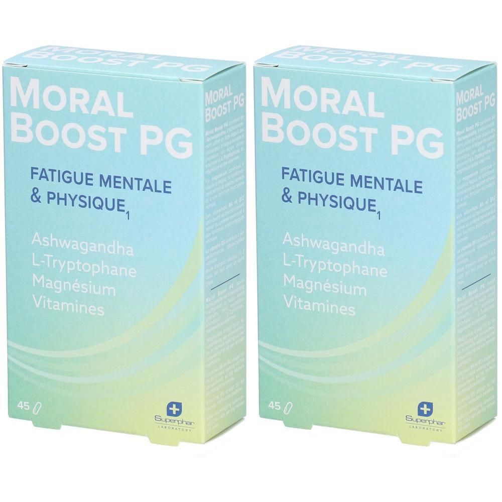 Deux boîtes "Moral Boost PG" contenant Ashwagandha, L-Tryptophane, Magnésium et Vitamines pour lutter contre la fatigue mentale et physique.