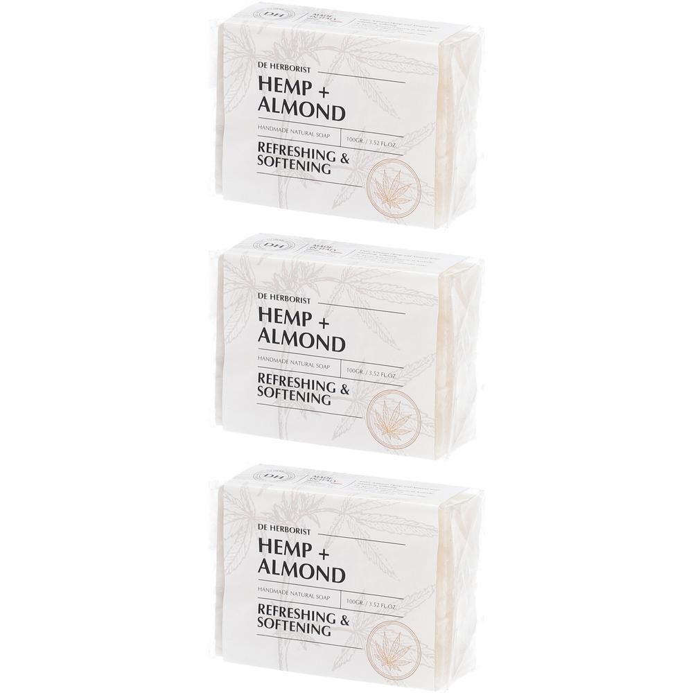 Trois paquets de savon De Herborist Chanvre et Amande, rafraîchissant et adoucissant.