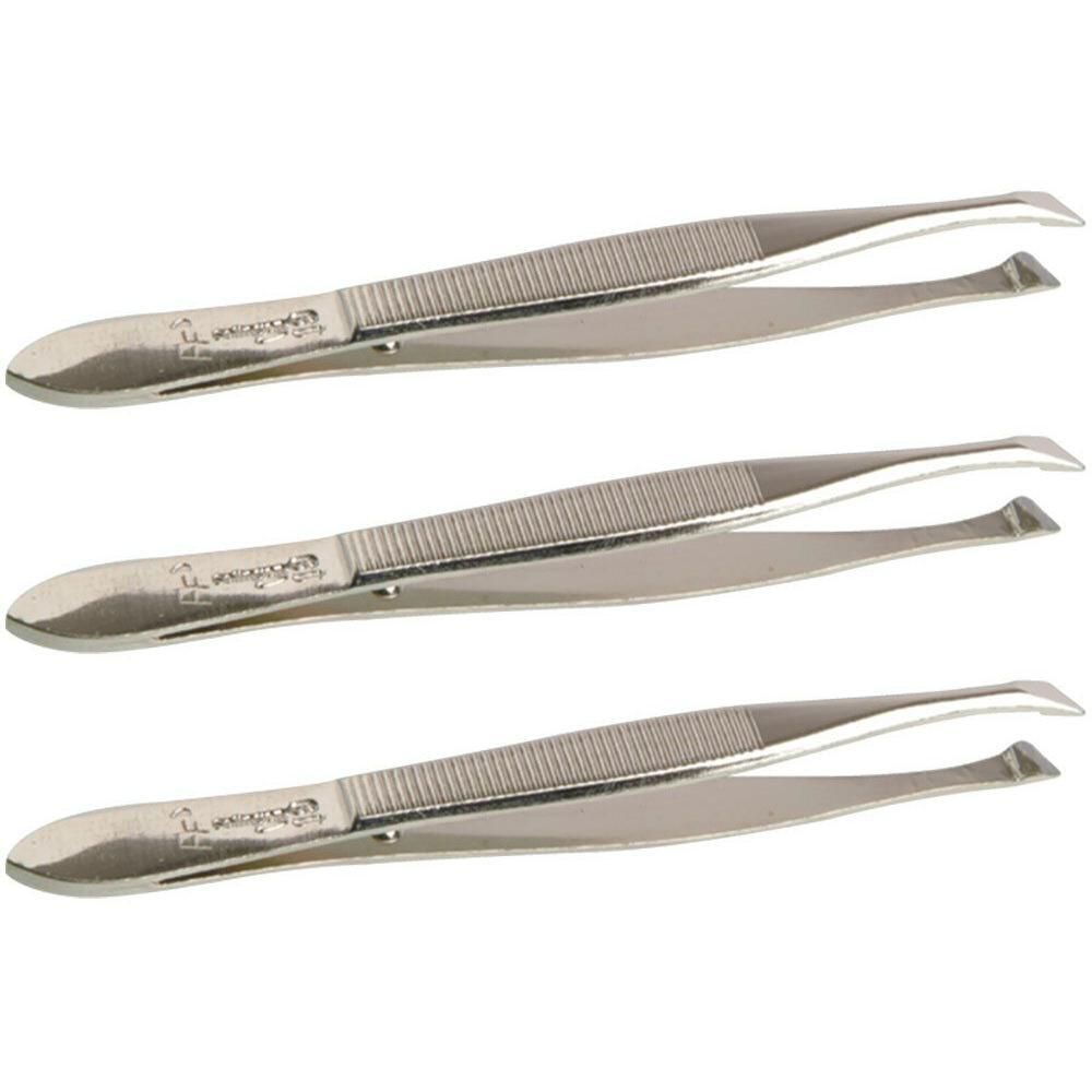 Drie gebogen metalen pincetten met gekartelde grip.