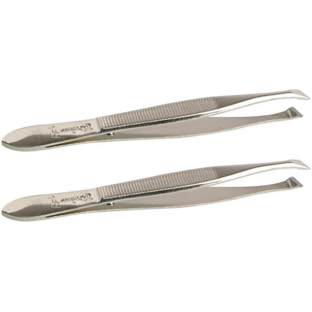 Twee gebogen metalen pincetten met geribbelde handgrepen.