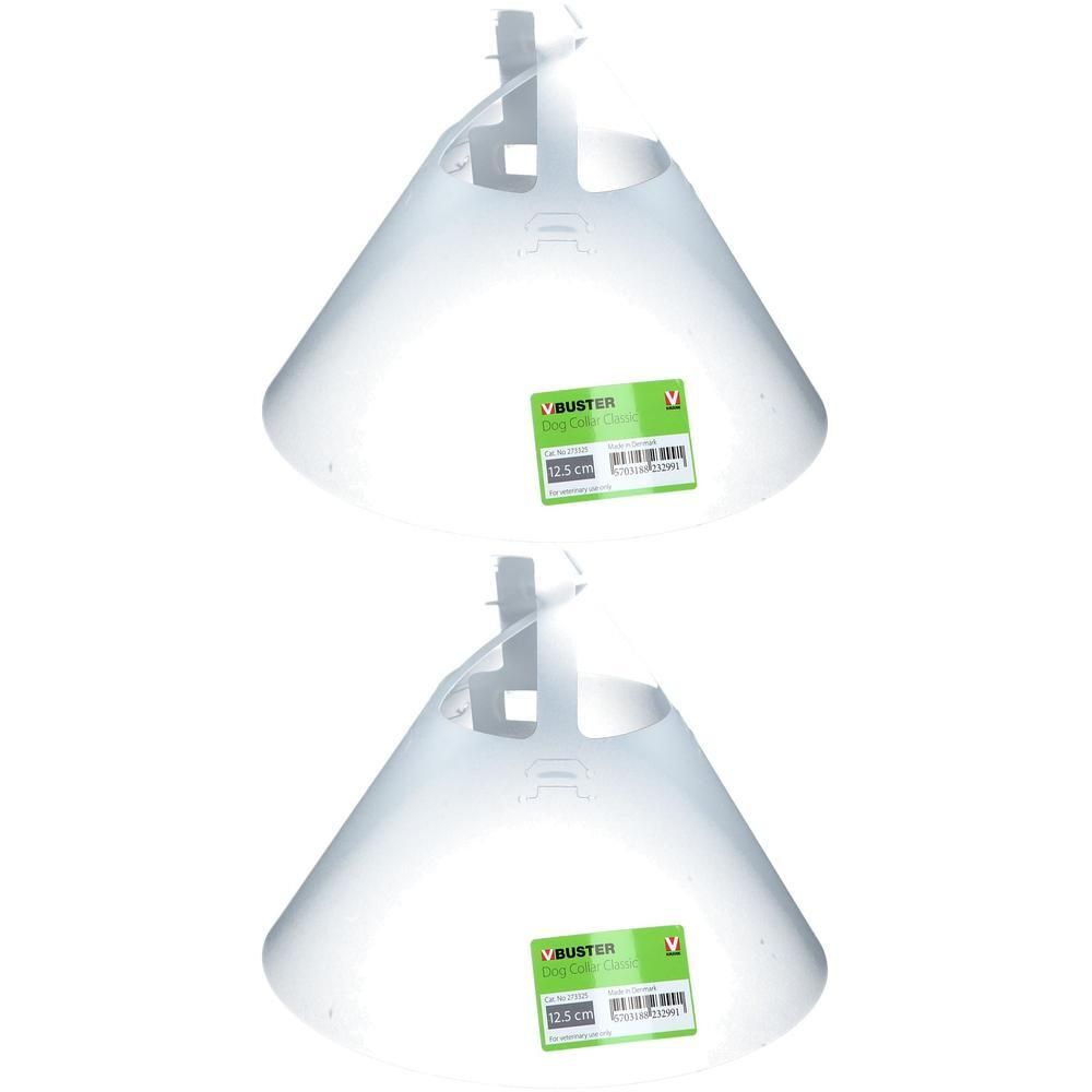 Deux collerettes de protection transparentes en plastique avec des étiquettes indiquant 'BUSTER' et '12,5 cm'.