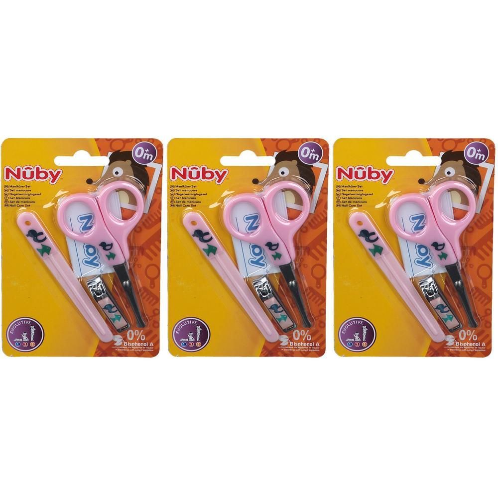 Ensemble de manucure Nûby avec ciseaux, lime à ongles et coupe-ongles roses.