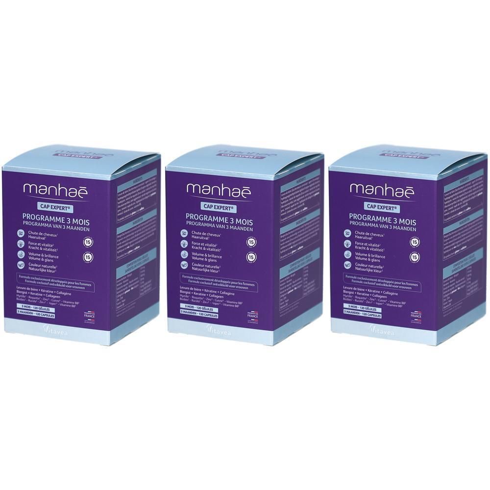 Trois boîtes Manhaé Cap Expert® programme 3 mois pour les cheveux.