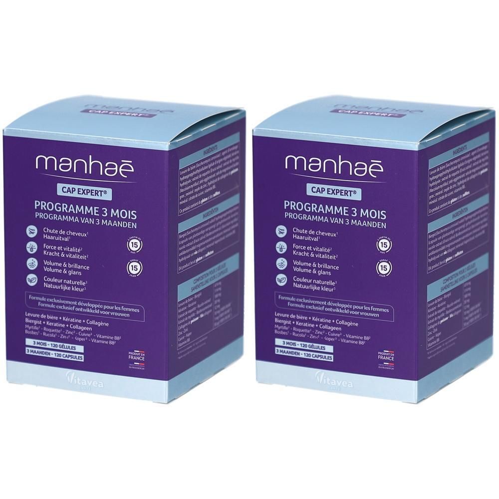 Deux boîtes Manhaé Cap Expert® pour programme 3 mois. Emballage violet avec accents bleus.