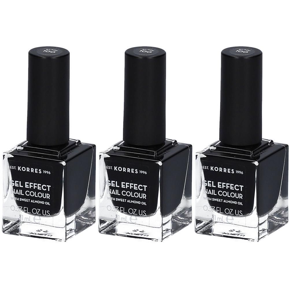 Drie flessen zwarte gel-effect nagellak van Korres.