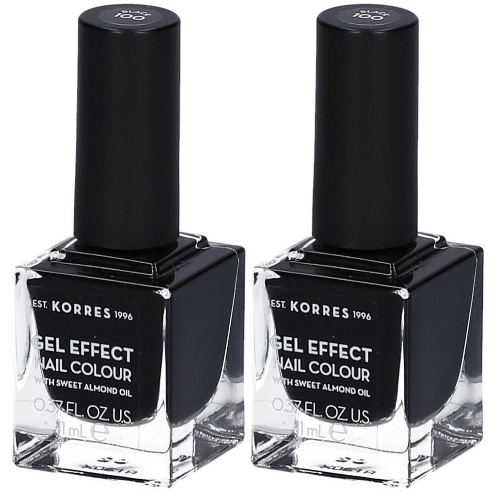 Deux flacons de vernis à ongles noir effet gel Korres avec huile d'amande douce.