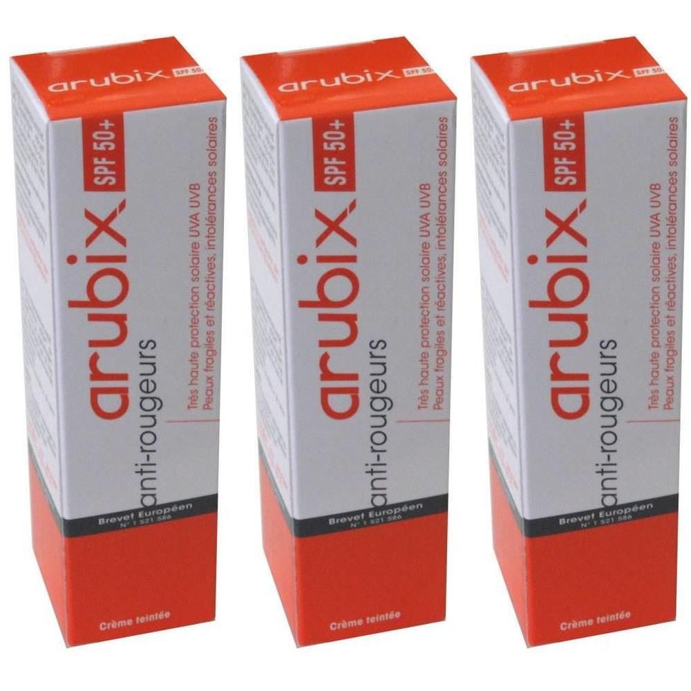 Drie pakken Arubix Zonnecrème SPF 50+ anti-roodheid, getinte crème.