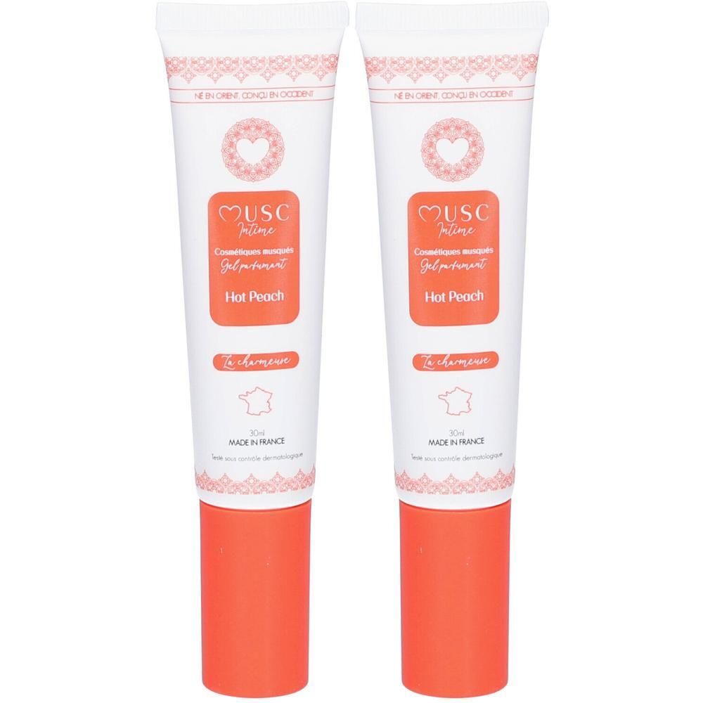 Deux tubes de Musc Intime Hot Peach Gel Parfumant, 60ml chacun. Fabriqué en France.