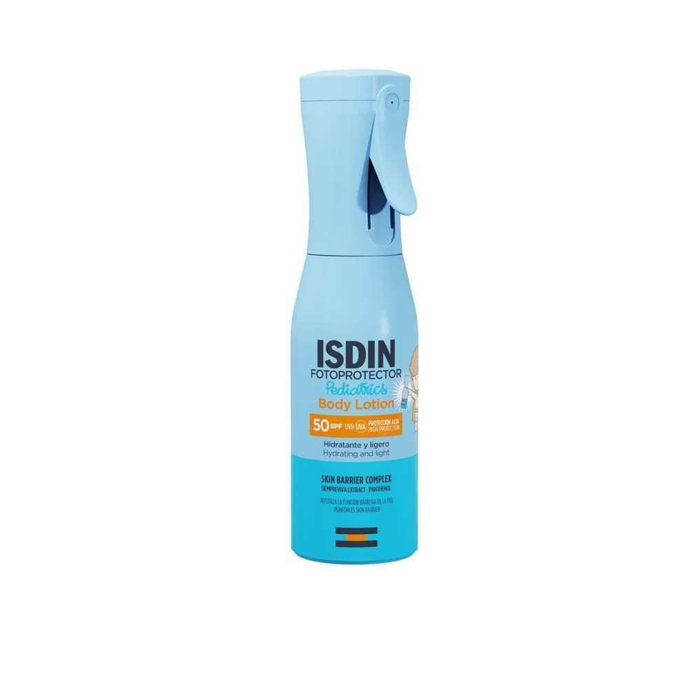 ISDIN Fotoprotector Pediatrics Body Lotion SPF50 flacon pulvérisateur. Formule légère et hydratante.
