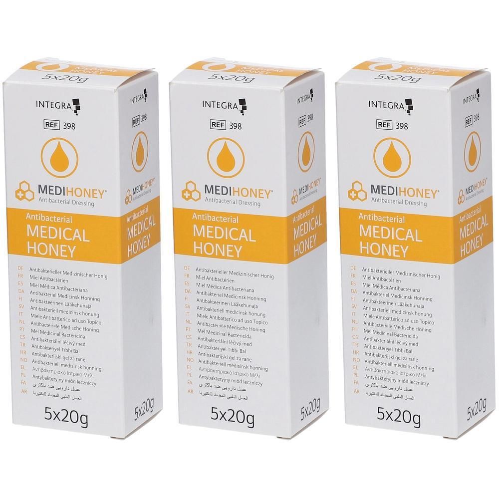 Drie dozen Medihoney Medical Honey, 5x20g. Antibacterieel verband.