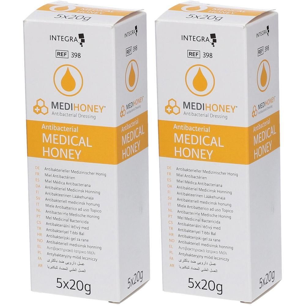 Twee verpakkingen Medihoney Medical Honey, 5x20g. Antibacteriële wondverzorging.