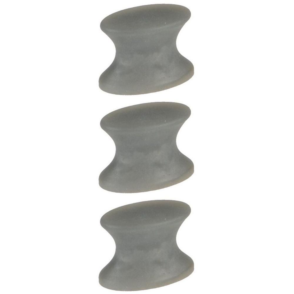 Trois écarteurs d'orteils en silicone gris, conçus pour la correction de l'hallux valgus.