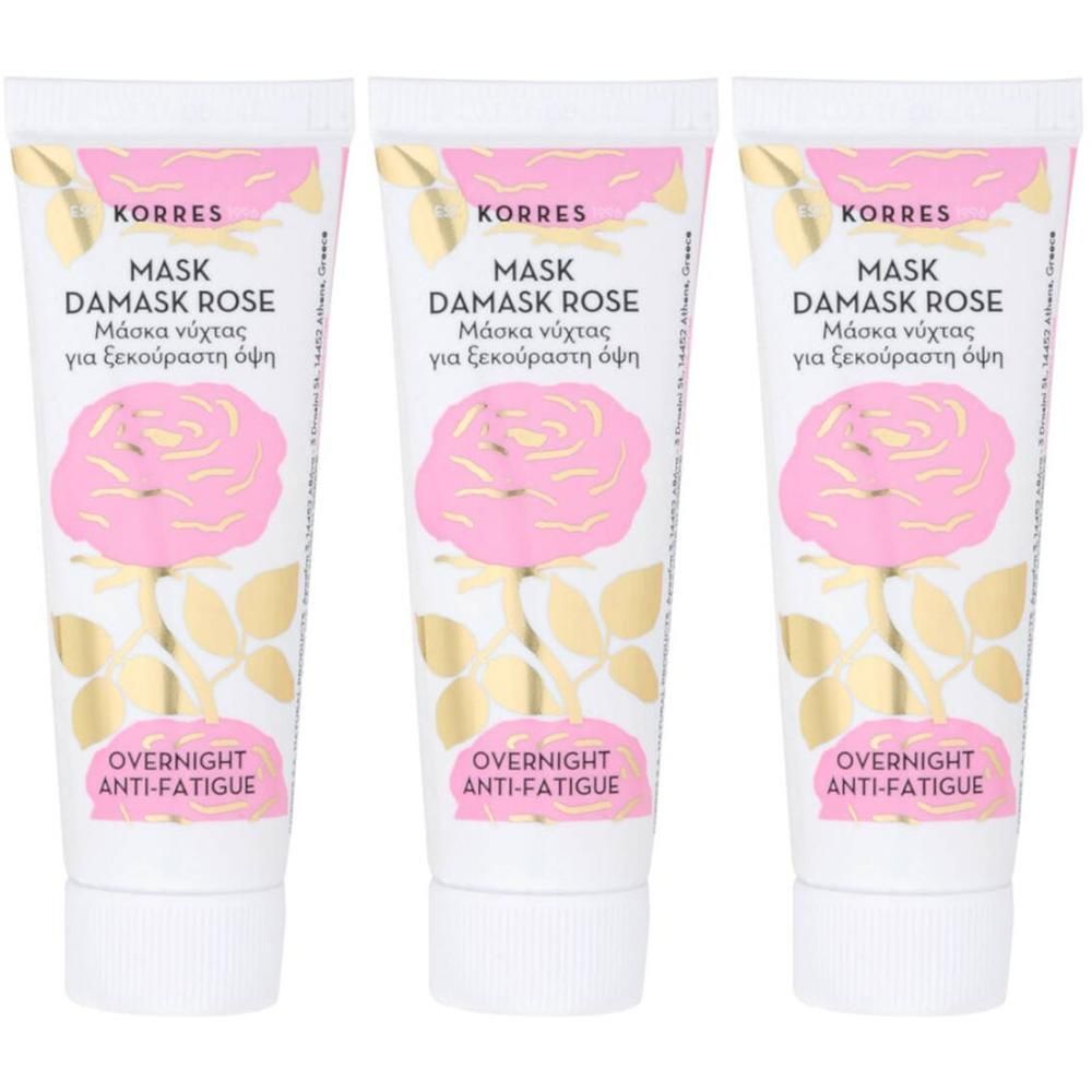 Drie tubes Korres Mask Damask Rose Overnight Anti-Fatigue met rozen- en bladmotief.