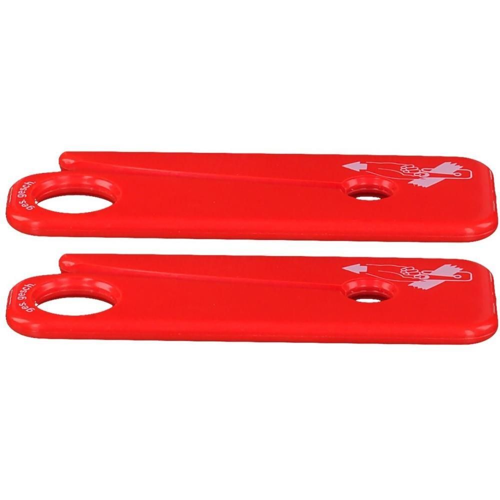 Deux coupe-ceintures rouges avec trou de préhension et symbole de flèche.