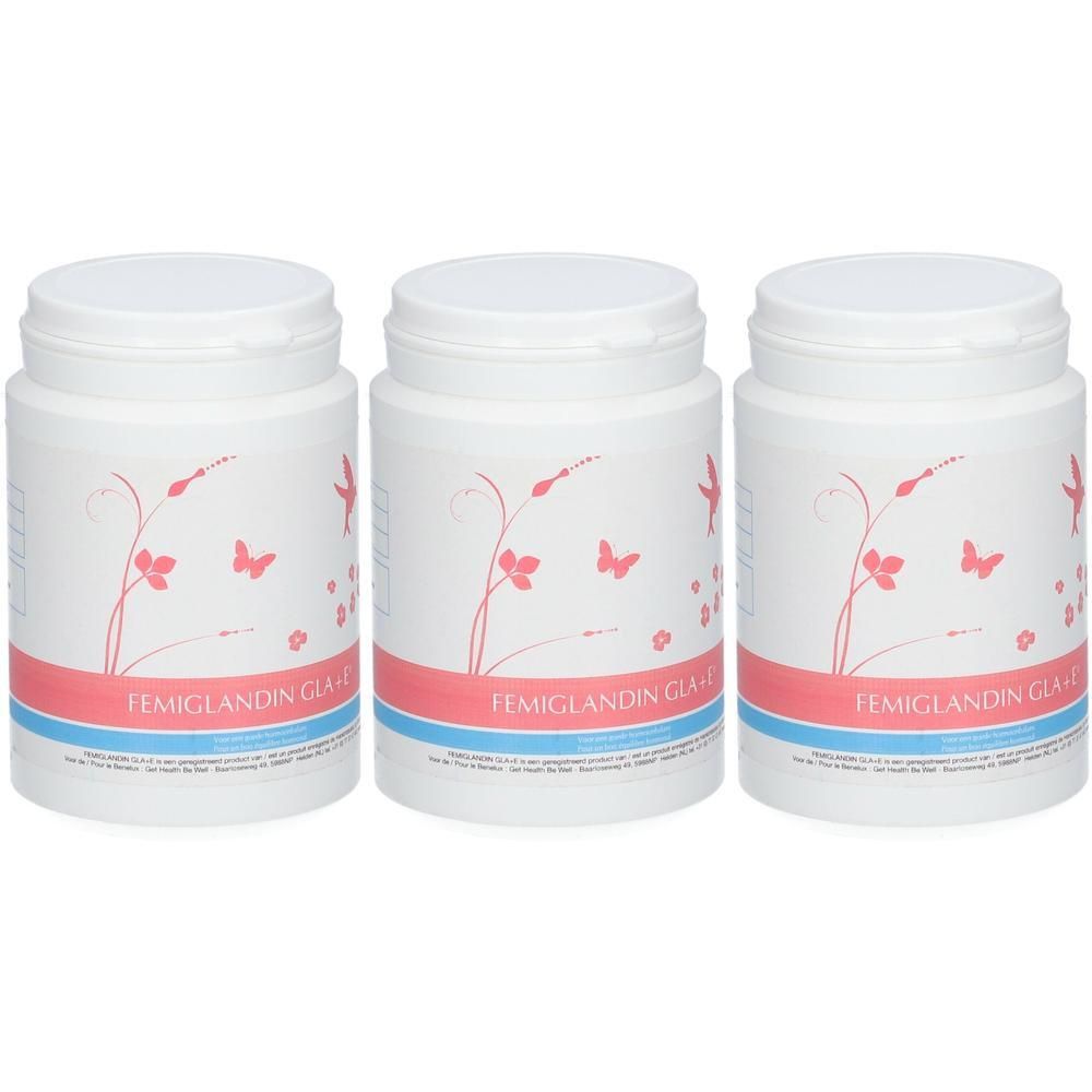 Trois contenants blancs avec inscription FEMIGLANDIN GLA+E et motif floral.