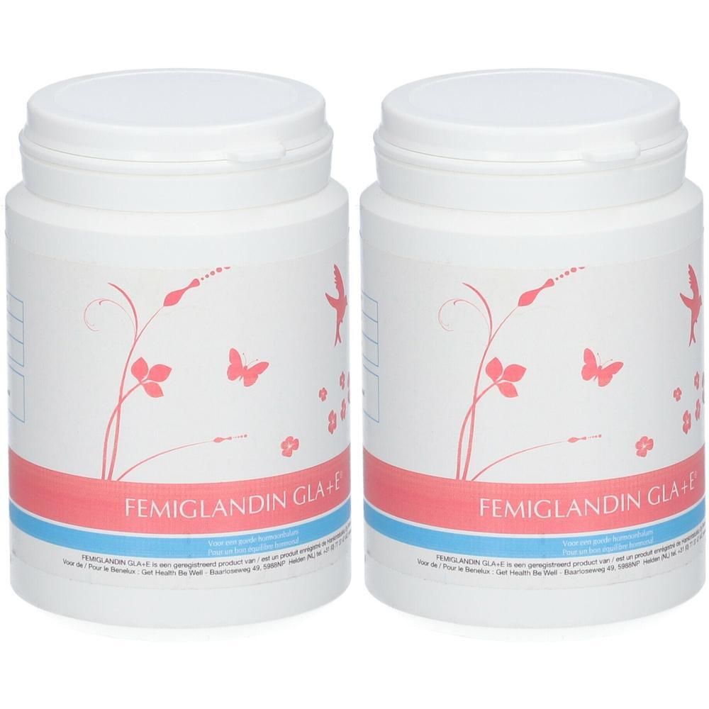 Deux contenants blancs avec inscription FEMIGLANDIN GLA+E et motif floral.