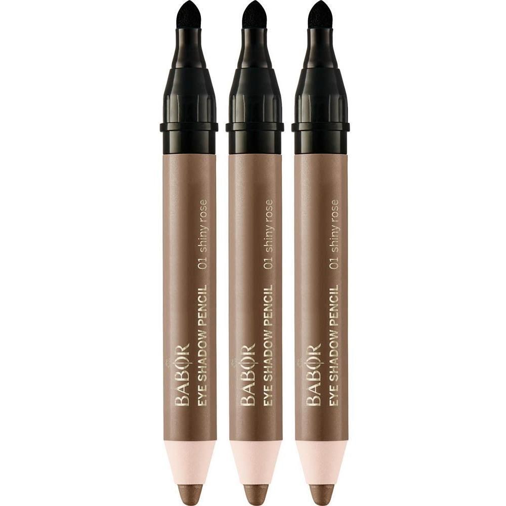 Trois crayons Babor Eye Shadow Pencil, teinte 01 Shiny Rose, présentés verticalement.
