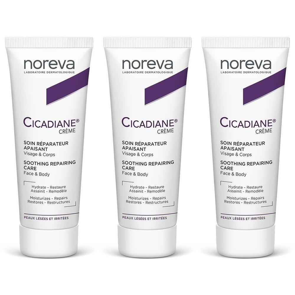 Trois tubes de crème Noreva Cicadiane. Soin réparateur apaisant pour le visage et le corps.