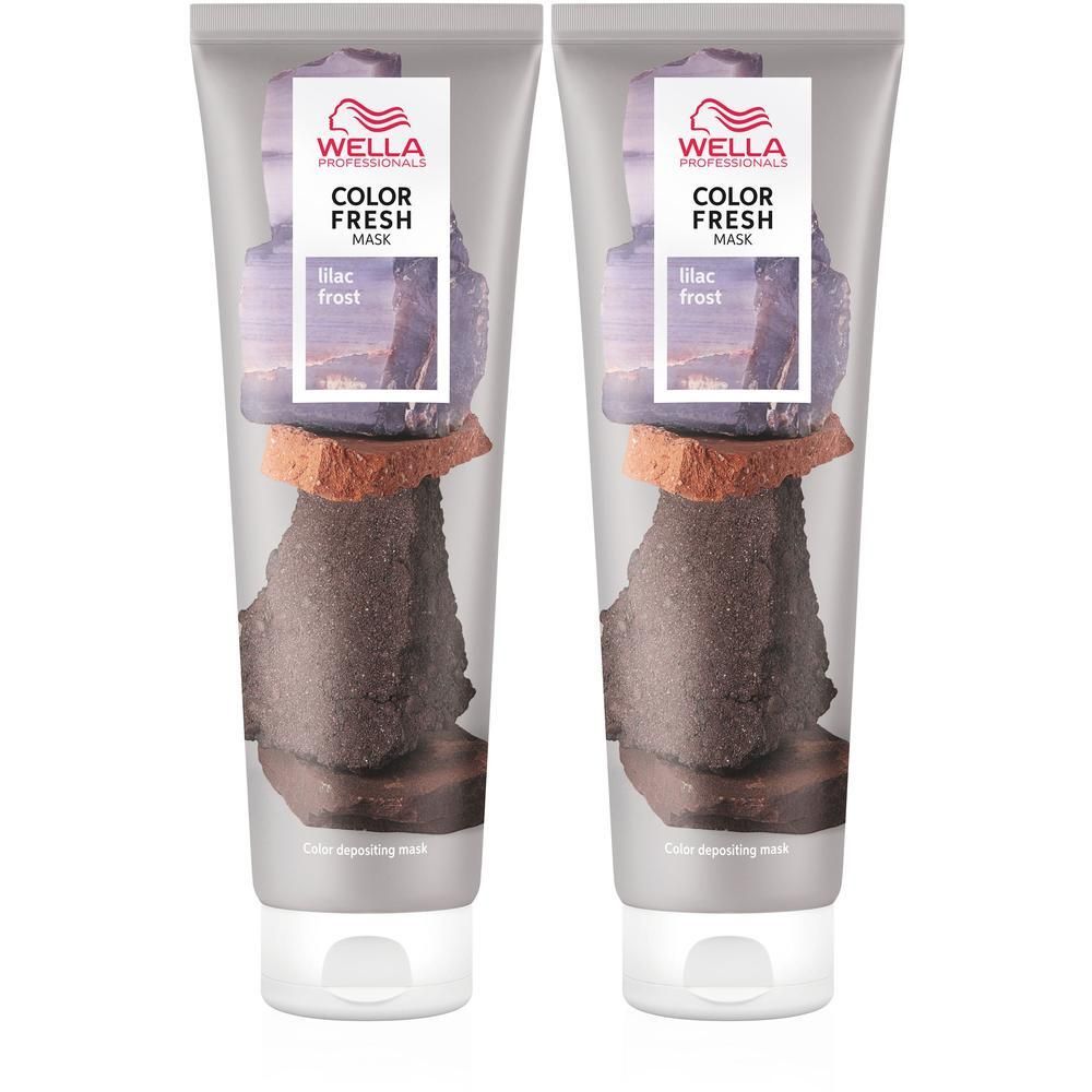 Deux tubes de WELLA PROFESSIONALS Color Fresh Mask Lilac Frost avec des cristaux violets et des pierres sur l'étiquette.