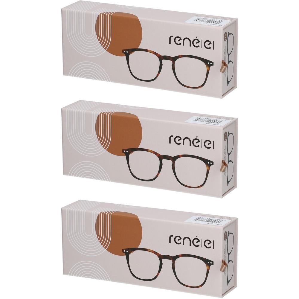 Trois boîtes de lunettes de lecture écaille de tortue. Chaque boîte présente une paire de lunettes et un étui marron.