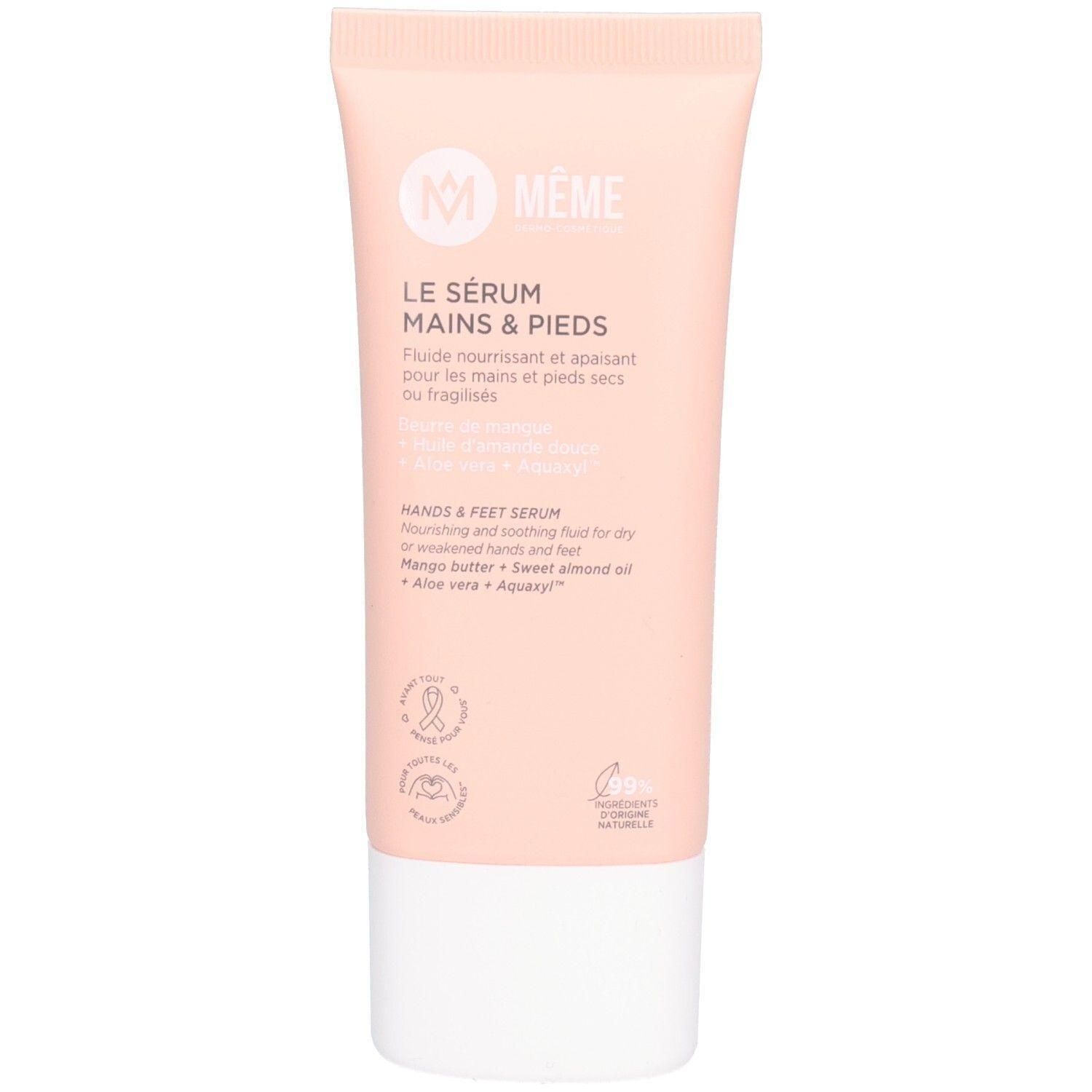 Même Le Sérum Mains & Pieds, sérum mains et pieds dans un tube pêche avec bouchon blanc.
