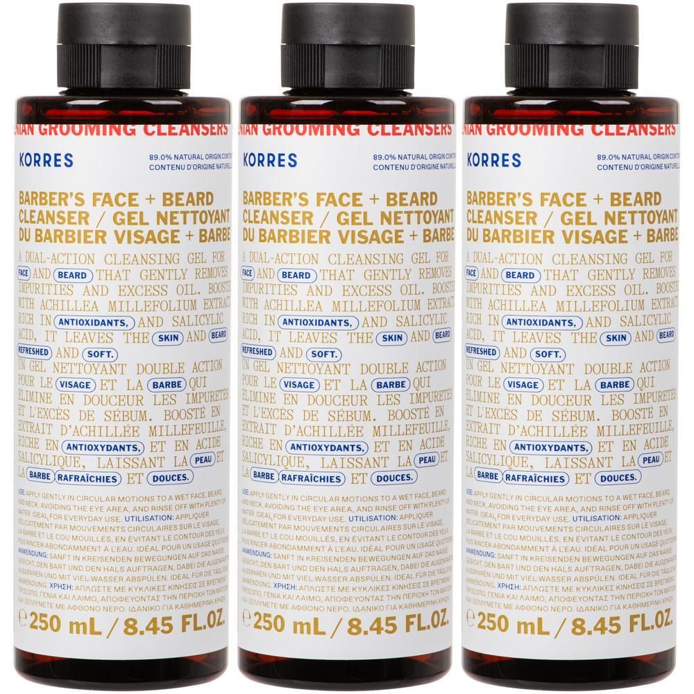 Trois flacons de nettoyant visage et barbe Korres, 250 ml chacun.