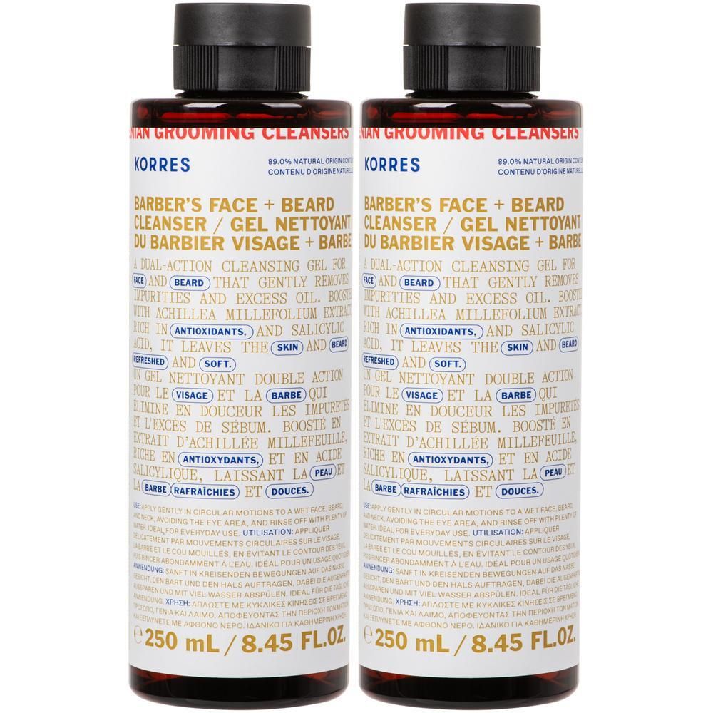 Deux flacons de Nettoyant Visage + Barbe Korres, 250 ml.