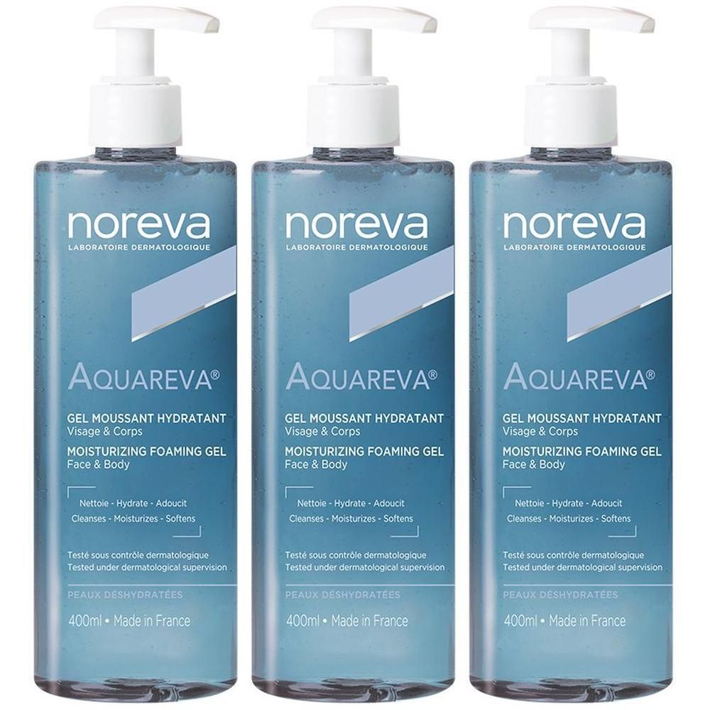 Drie Noreva Aquareva hydraterende schuimgels met pompdispenser. 400ml.
