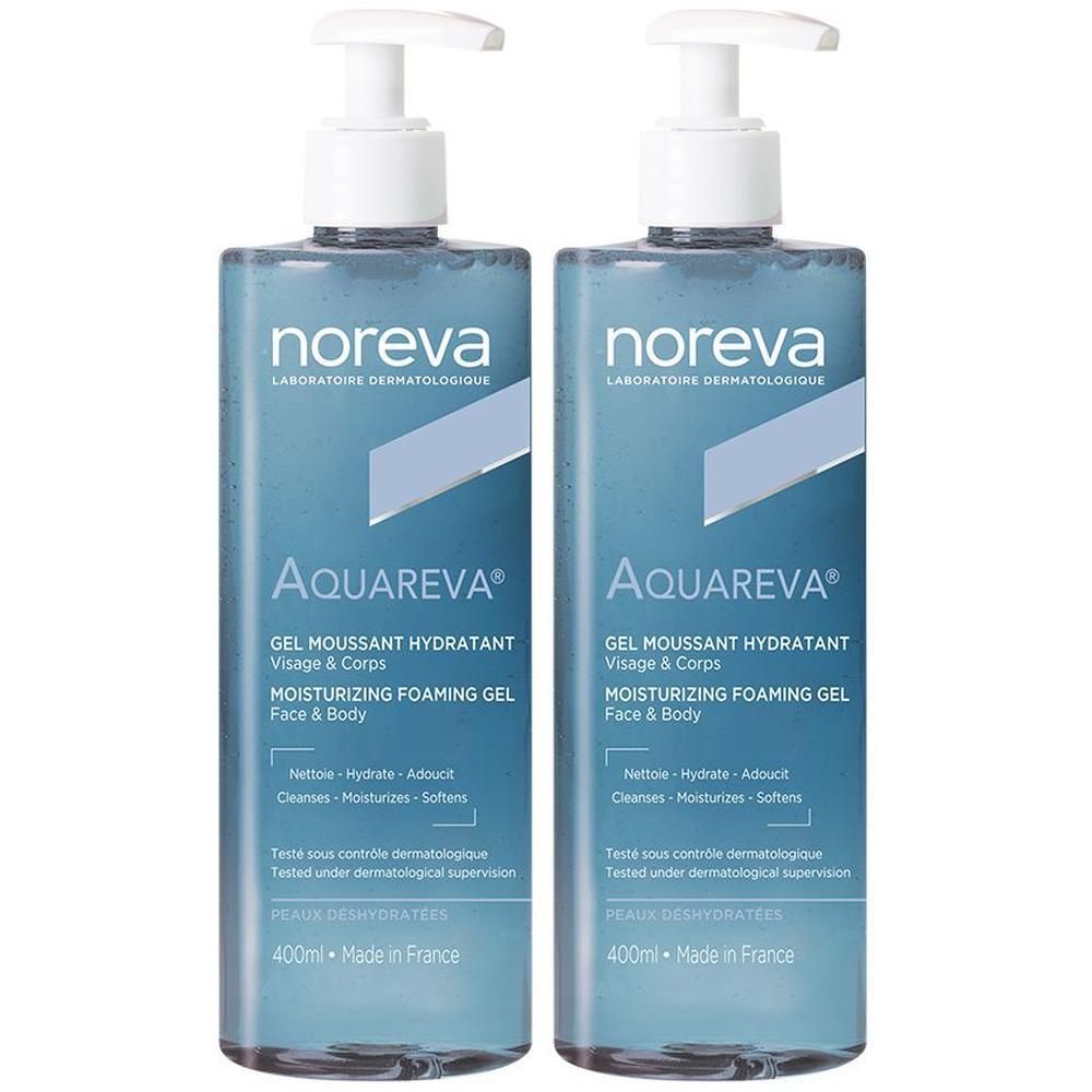 Deux flacons de gel moussant hydratant Noreva Aquareva pour visage et corps, 400 ml chacun.