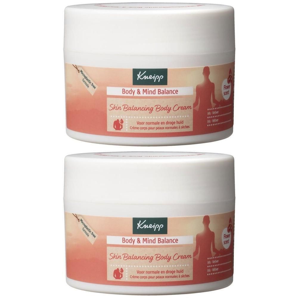 Twee witte potten Kneipp Body & Mind Balance Skin Balancing Body Cream.