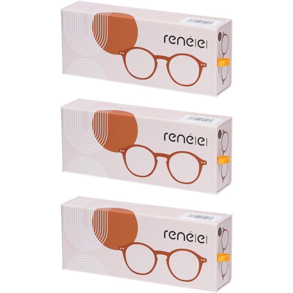 Trois boîtes de lunettes de lecture, monture ronde marron, nom de marque 'renéei'.