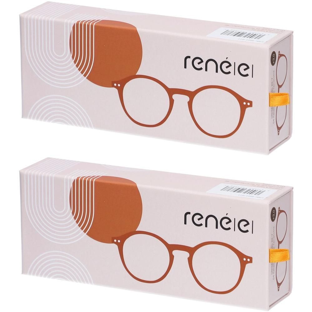 Twee pakken leesbrillen met een rond, bruin montuur en de merknaam 'renéelel'.